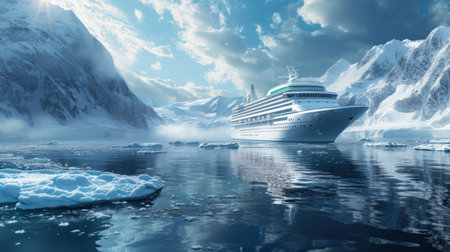 Cruise Ship at the Antarctic Peninsula Ocean and Icebergs and Mountains in the Background in Antarctica.の素材
