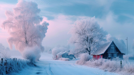 Wooden house in a cold winter morning landscape with snow and frost.の素材