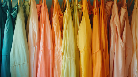 Colorful teenage girl satin dress clothing on hanger rack in lady boutique shop at modern department store, fashion background?の素材