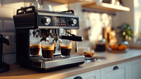Modern coffee machine pouring milk into glass cup on countertop in kitchen.の素材