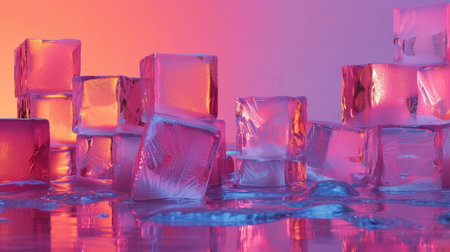 Ice cubes are very close up in neon light. Holographic gradient from magenta to cyan.の素材