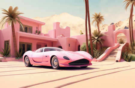 A pink sports car next to a pink house next to the sea. The blonde's house.の素材