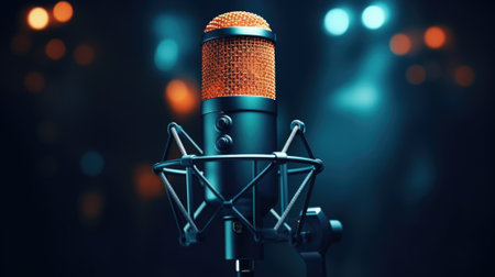 Studio microphone and pop shield on mic in the empty recording studio with copy space. Performance and show in the music business equipment.の素材
