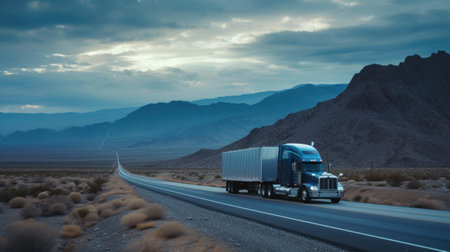 Large heavy goods freight truck speeding through Arizona desert.の素材