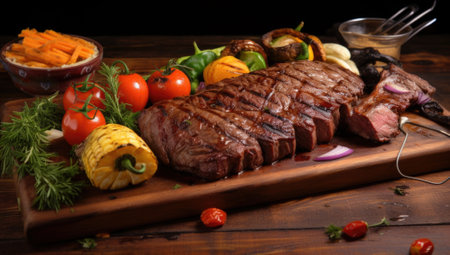 Grilled beefsteak with vegetables on a wooden table. Restaurantの素材