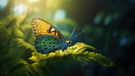 Butterfly on a leaf in the forest at sunset. Colorful butterfly.の素材