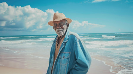 Elderly old african american man taken on beach.の素材