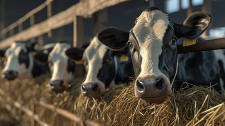 Row of cows standing by edge of large paddock inside contemporary animal farm and looking at camera while eating.の素材