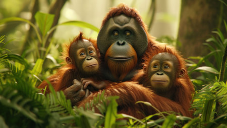 Mother orangutan with her cute babies in the grass.の素材