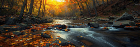 Scenic landscape, river in gold sunlight autumn forest, amazing colorful scenery, fallen leaves on big stones near fast stream. Mountain stream in autumn, stream in the forest.の素材