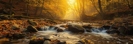 Scenic landscape, river in gold sunlight autumn forest, amazing colorful scenery, fallen leaves on big stones near fast stream. Mountain stream in autumn, stream in the forest.の素材