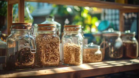 shelves with glass jars filled with groceries. concept of zero waste home and lifestyle.の素材
