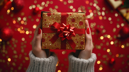 High angle of woman hands holding diagonally gift box wrapped with red ribbon over red background.の素材