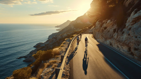 Group of cyclist ride together on road bicycles in beautiful nature. Sunset light, sea in background.の素材