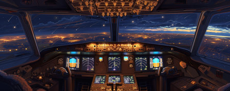 Empty pilot Cockpit with switched on Flight Deck dashboard in night, without people. Throttle jet cabin with control panel plane.の素材