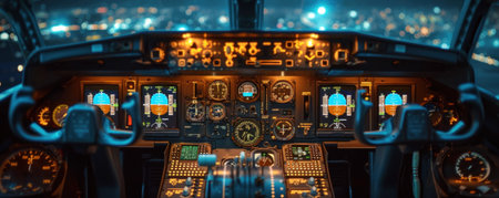 Empty pilot Cockpit with switched on Flight Deck dashboard in night, without people. Throttle jet cabin with control panel plane.の素材