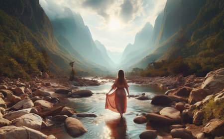 A woman explores new, magical, and fantastic places around the world, surrounded by nature. Female hiker crossing the forest creek.の素材