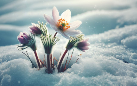 Flower among the melting snow. Concept of rare flowers under protection.の素材