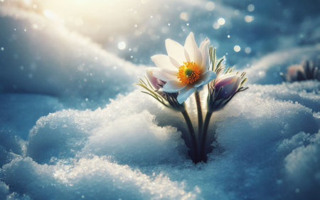 Flower among the melting snow. Concept of rare flowers under protection.の素材