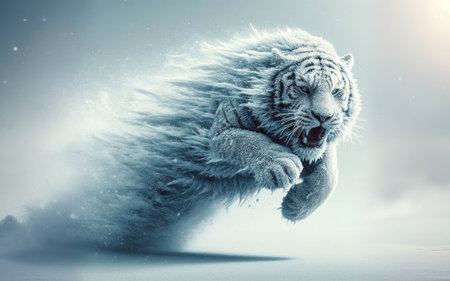 Tiger running in snow. Beautiful, dynamic and powerful photo of this majestic animal. Set in environment typical for this amazing animal.の素材