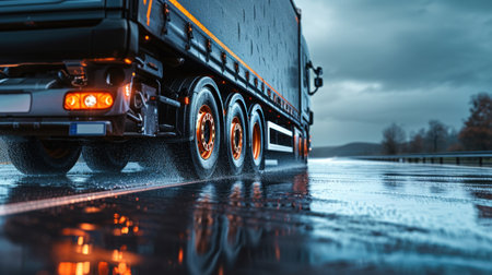 Truck chassis and orange wheels on a wet road in rainy weather, close-up. Safety concept and tire grip on wet road.の素材