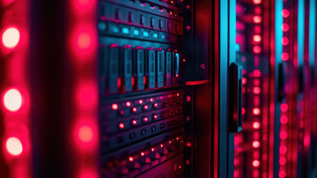 Shot of Data Center With Multiple Rows of Fully Operational Server Racks. Modern Telecommunications, Artificial Intelligence, Supercomputer Technology Concept. Shot in Dark with Neon Blue, Pink Lightsの素材