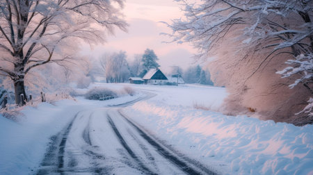 Snow-covered country road through the fields after a blizzard at sunset. Old rustic house in the background. Winter rural scene. Dramatic sky, colorful cloudscape.の素材