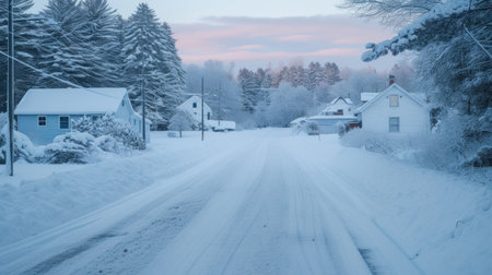Snow-covered country road through the fields after a blizzard at sunset. Old rustic house in the background. Winter rural scene. Dramatic sky, colorful cloudscape.の素材