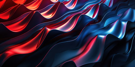 Dark neon red black blue metallic geometric curves noise futuristic abstract background.の素材