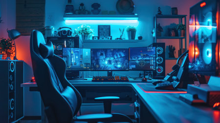Background image of teenagers gaming room with blue neon lighting and PC screen mockup, copy space.の素材