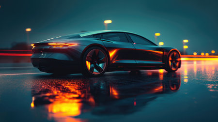 Futuristic sports car on wet asphalt with light reflections.の素材