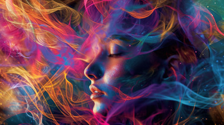Illustration, a woman dissolves in colored waves. Disappears in the geometric pattern of the rainbow color.の素材