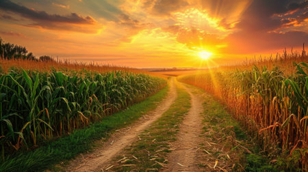 Dirt road through corn field at sunset. Beautiful summer landscape.の素材