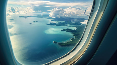 View from the airplane window on beautiful seascape and islands.の素材