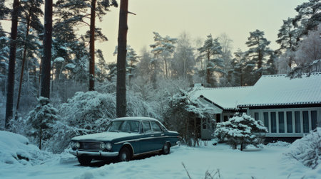 A house, and vintage car are covered with white snow in scandinavia.の素材