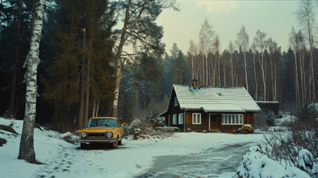 A house, and vintage car are covered with white snow in scandinavia.の素材