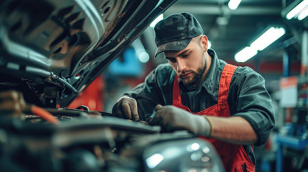 Portrait of mechanic checking parts of automobile.の素材