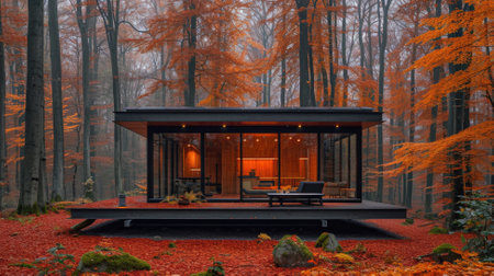 Wooden gazebo in the autumn forest. 3d renderingの素材
