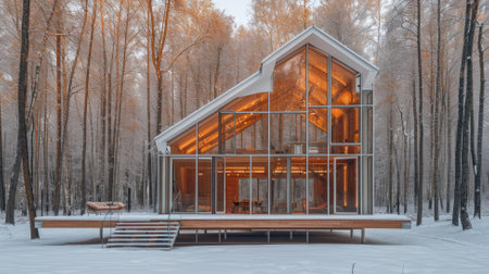Wooden house in the winter forest. 3D render. Wooden house.の素材