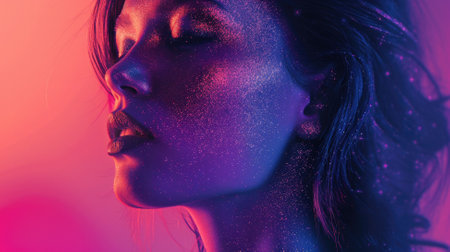 High Fashion model lips and face woman in colorful bright neon uv blue and purple lights, posing in studio.の素材