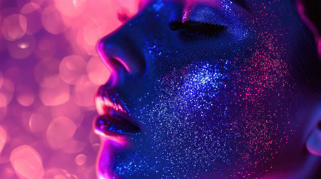 High Fashion model lips and face woman in colorful bright neon uv blue and purple lights, posing in studio.の素材