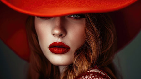 Close-up portrait of a beautiful young woman with red lips and hatの素材