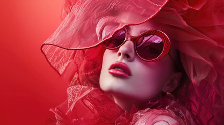 Fashion shot of a beautiful woman in red dress and sunglasses.の素材
