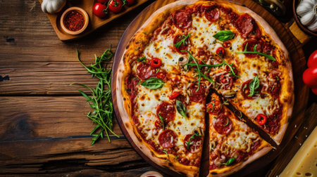 Pizza with salami, mozzarella and tomatoes on wooden backgroundの素材