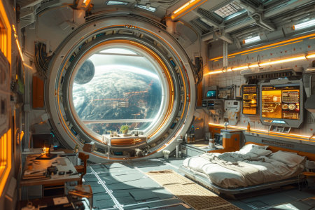 Interior view of an astronaut's room with a view of the mountainsの素材