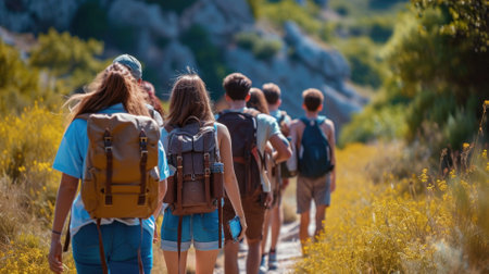 Rear view of group of people with backpacks walking along the path in the forest during their hiking.の素材