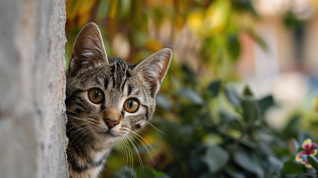 A funny cat peeks out from behind an old wall. Portrait of a wild cat. Homeless cats on the street.の素材