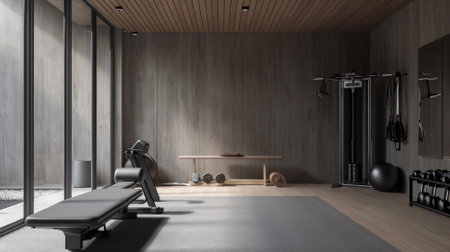 Fitness gym on the top floor of a modern building.の素材