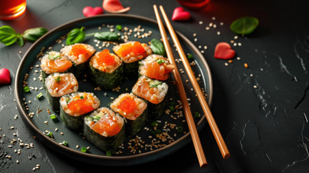 Heart shaped Valentine day sushi set. Classic sushi rolls, philadelphia, maki set for two, with two pairs of chopsticks for Valentine's dating dinner.の素材