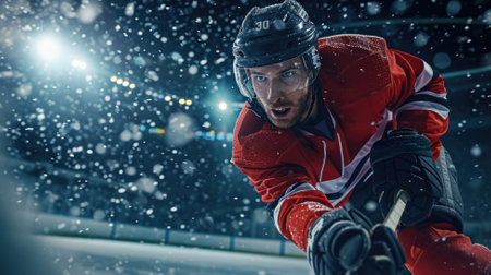 Ice Hockey Rink Arena: Professional Player Shooting the Puck with Hockey Stick.の素材